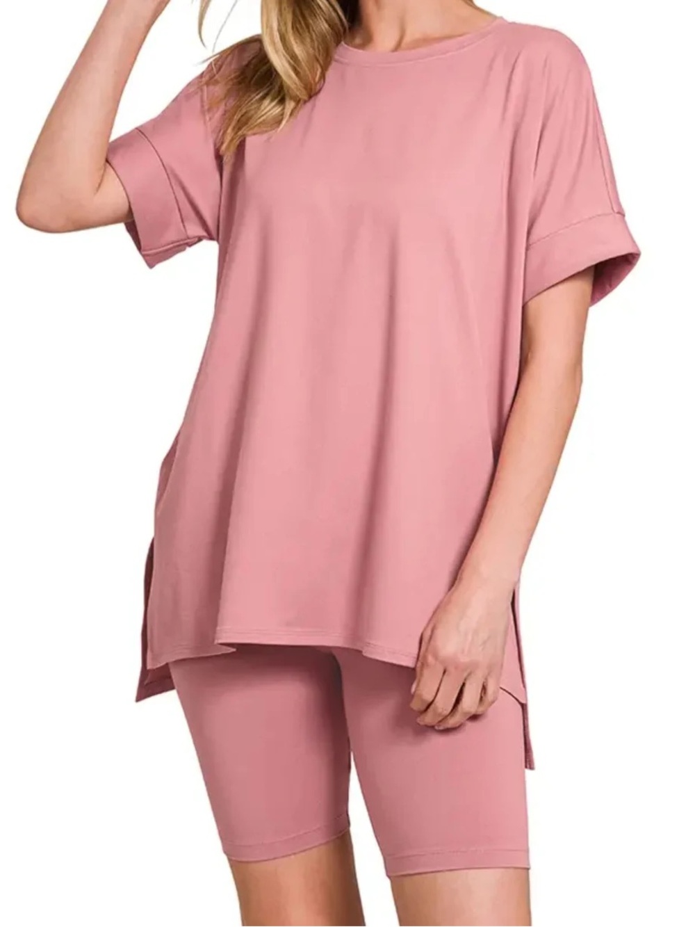 Zenana Pink Oversized Brushed Microfiber Round Neck Top And Biker Shorts Set